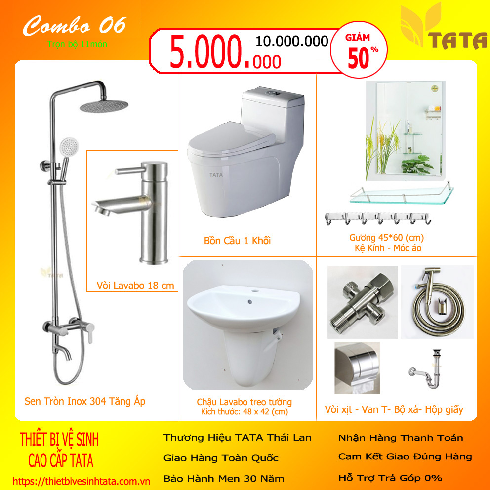 Combo Thiết bị phòng tắm TaTa CB06: Tiết kiệm chi phí và đảm bảo tính đồng bộ với Combo Thiết bị phòng tắm TaTa CB06, bao gồm bồn cầu, bồn tắm, chậu và các sản phẩm phụ trợ vệ sinh khác. Khám phá sự đa dạng của sản phẩm và lựa chọn cho mình một bộ trang thiết bị chất lượng với giá cả hợp lý.